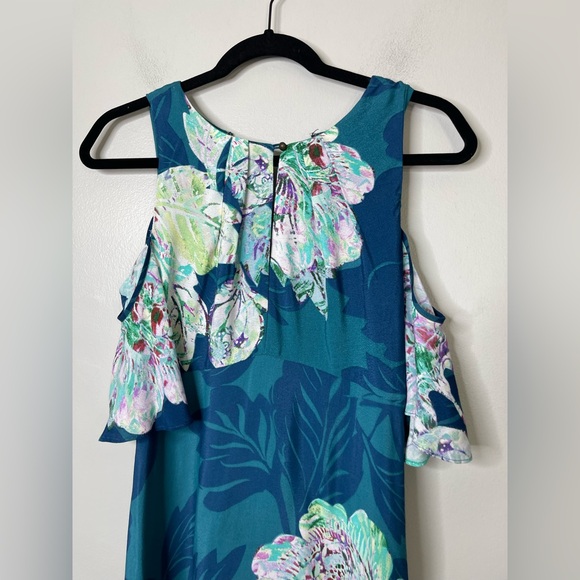 Anthropologie Maeve Elia Open Shoulder Midi Fit Flare Floral Teal dress Sz 0 - Picture 5 of 15